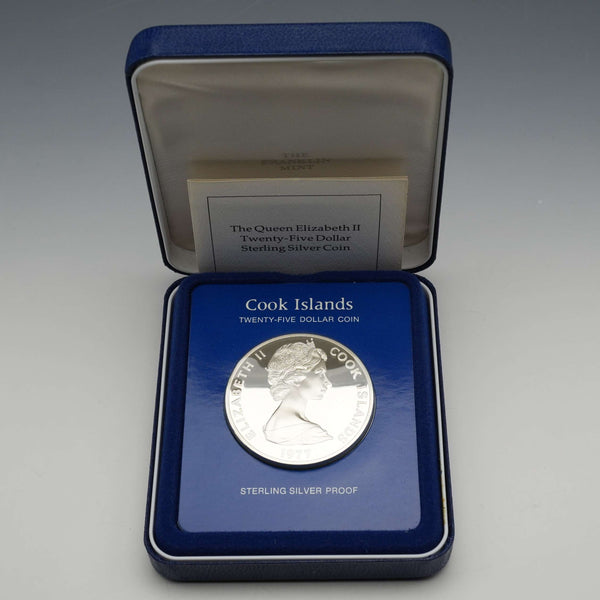 1977 Queen Elizabeth II Silver Jubilee Cook Islands $25 Commemorative Silver Coin, 49g, Franklin Mint, with case and certificate