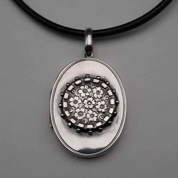 Antique Sterling Silver Locket Pendant with Leather Necklace 15.5g