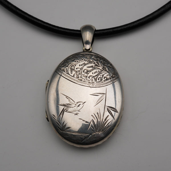Antique Victorian Sterling Silver Locket Pendant with Leather Necklace 9.8g