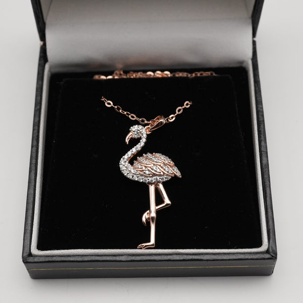 Vintage Gold Plated Sterling Silver & Zirconia Pink Flamingo Pendant with Sterling Silver Necklace, Total 4.5g