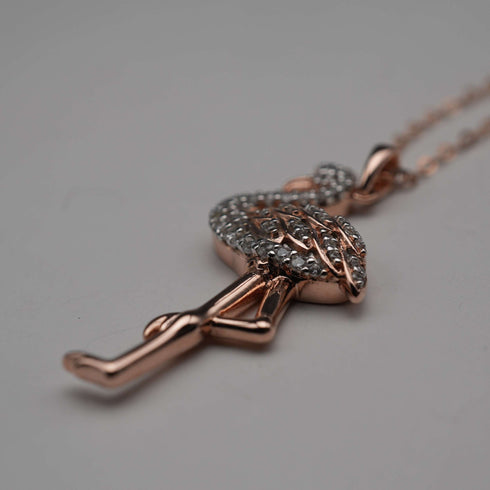 Vintage Gold Plated Sterling Silver & Zirconia Pink Flamingo Pendant with Sterling Silver Necklace, Total 4.5g