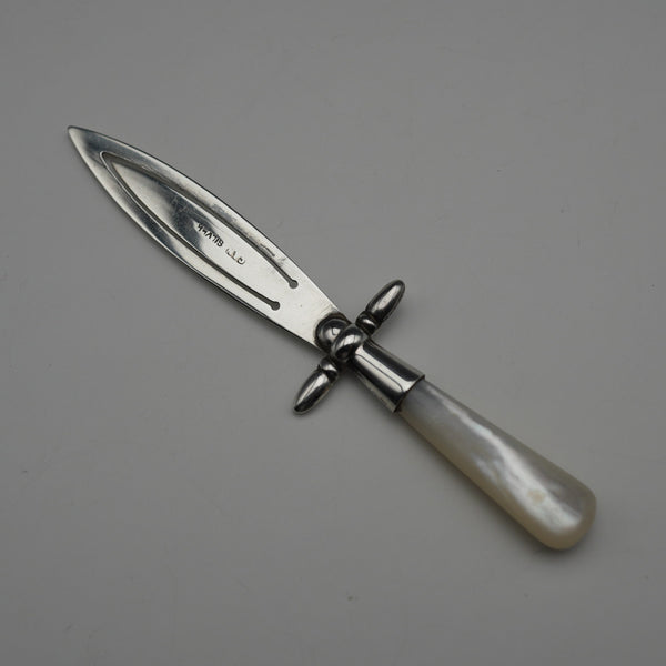 English antique mother-of-pearl handle, sterling silver blade, sword-shaped bookmark by Crisford & Norris