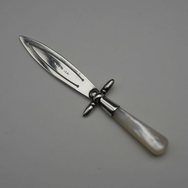 English antique mother-of-pearl handle, sterling silver blade, sword-shaped bookmark by Crisford & Norris