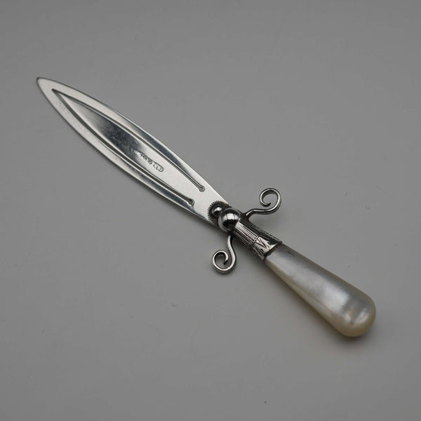 English antique mother-of-pearl handle, sterling silver blade, sword-shaped large bookmark, Crisford&Norris