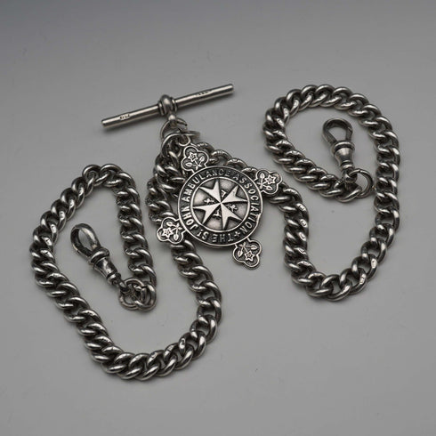 Circa 1905, British Antique, Sterling Silver Double Albert Chain with Sterling Silver Maltese Cross Medal Fob, 66g