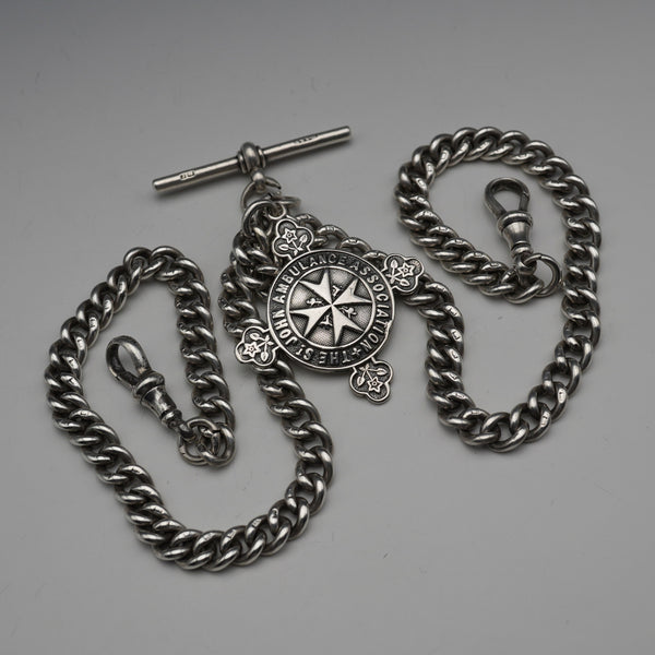 Circa 1905, British Antique, Sterling Silver Double Albert Chain with Sterling Silver Maltese Cross Medal Fob, 66g