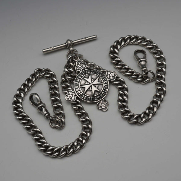 Circa 1905, British Antique, Sterling Silver Double Albert Chain with Sterling Silver Maltese Cross Medal Fob, 66g