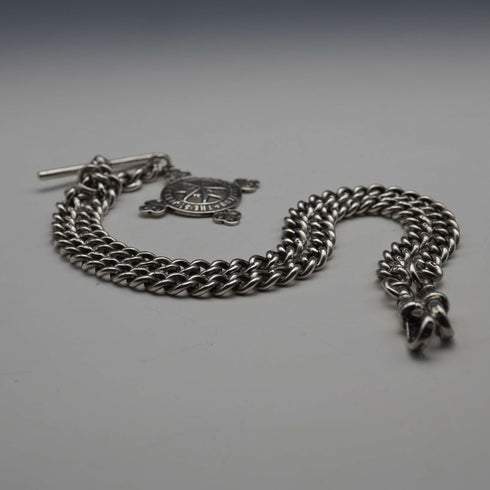 Circa 1905, British Antique, Sterling Silver Double Albert Chain with Sterling Silver Maltese Cross Medal Fob, 66g