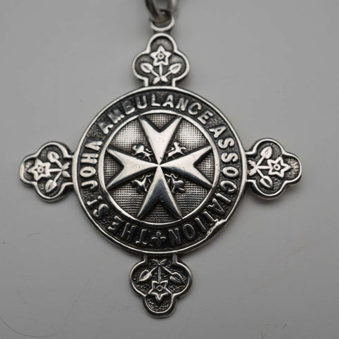 Circa 1905, British Antique, Sterling Silver Double Albert Chain with Sterling Silver Maltese Cross Medal Fob, 66g