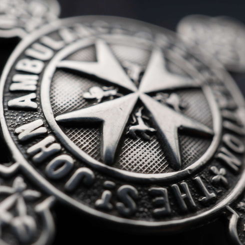 Circa 1905, British Antique, Sterling Silver Double Albert Chain with Sterling Silver Maltese Cross Medal Fob, 66g
