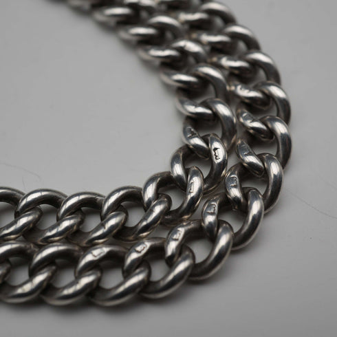 Circa 1905, British Antique, Sterling Silver Double Albert Chain with Sterling Silver Maltese Cross Medal Fob, 66g