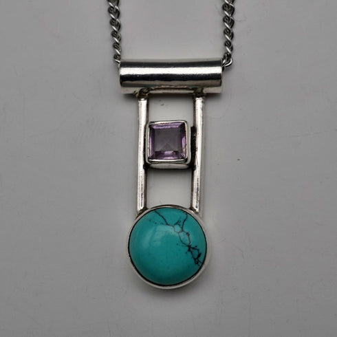 Vintage Sterling Silver Dual Stone (Turquoise & Amethyst Color) Pendant with Chain