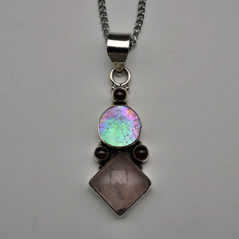 Vintage Sterling Silver Arts & Crafts Style Multi-Stone Pendant with Chain