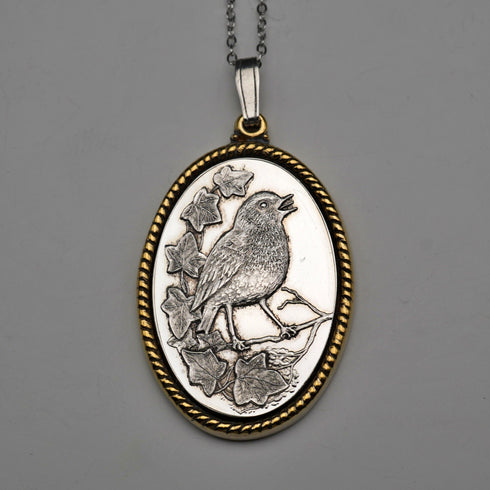 1977 Vintage British Sterling Silver Robin Relief Oval Pendant, 14g total, with Sterling Silver Chain