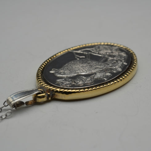 1977 Vintage British Sterling Silver Robin Relief Oval Pendant, 14g total, with Sterling Silver Chain