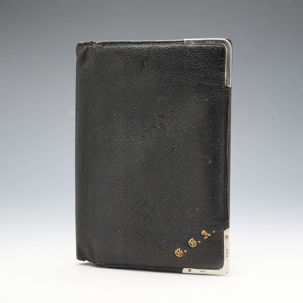 1908 British Antique Sterling Silver Ornamented Black Leather Wallet, Edward Langridge & Co.