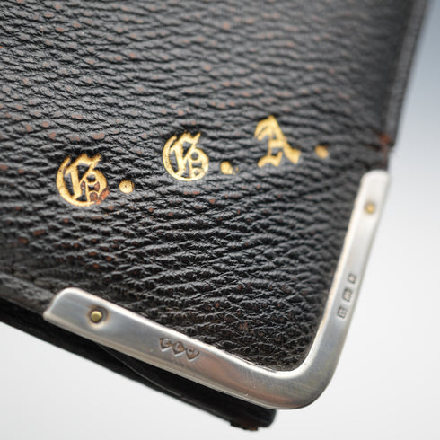 1908 British Antique Sterling Silver Ornamented Black Leather Wallet, Edward Langridge & Co.