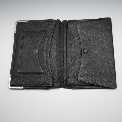 1908 British Antique Sterling Silver Ornamented Black Leather Wallet, Edward Langridge & Co.