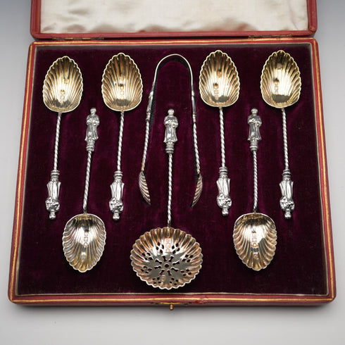 1896 Antique English Sterling Silver Apostle Spoon Set (6 Spoons, Tongs & Sifter), 54g total, by Charles Boyton, in case