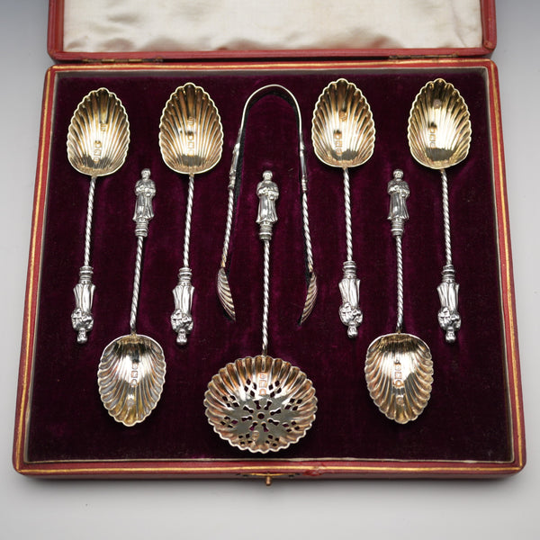 1896 Antique English Sterling Silver Apostle Spoon Set (6 Spoons, Tongs & Sifter), 54g total, by Charles Boyton, in case