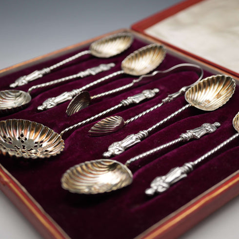 1896년 영국 앤틱 순은제 아포슬 스푼 6본 & 통 & 시프터 세트 총 54g 찰스 보이톤 케이스 포함