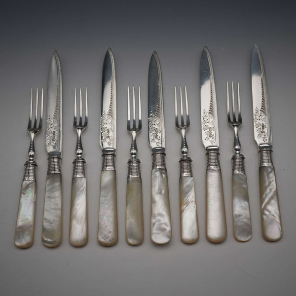 Circa 1908 Antique English Mother-of-Pearl Handle Dessert Cutlery, 5 Pairs, Sterling Silver Accents, Allen & Darwin