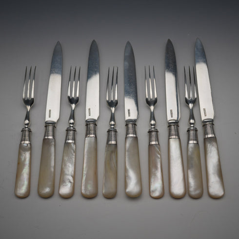 Circa 1908 Antique English Mother-of-Pearl Handle Dessert Cutlery, 5 Pairs, Sterling Silver Accents, Allen & Darwin