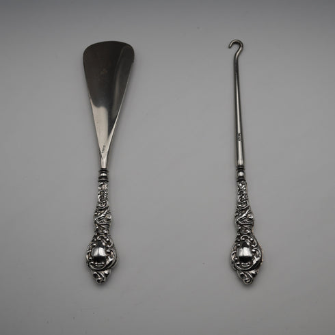 Juego de calzador y abotonador con mango de plata de ley, antiguo inglés, 1902, James Deakin & Sons