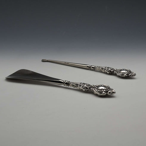 1902 British Antique Sterling Silver Handle Shoehorn and Button Hook Set by James Deakin & Sons