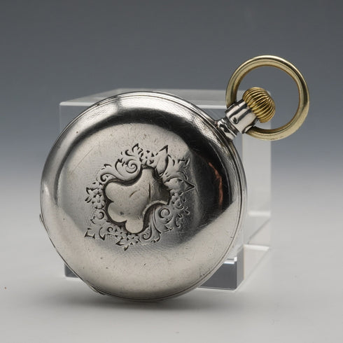 c. 1889 Antique Longines pocket watch, 800 silver hunter case, 43mm diameter, in good working condition