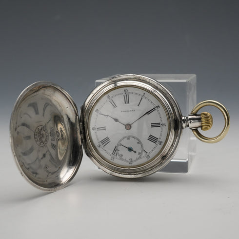 c. 1889 Antique Longines pocket watch, 800 silver hunter case, 43mm diameter, in good working condition