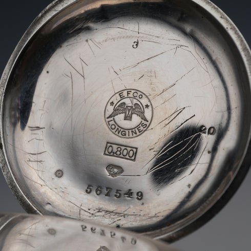 c. 1889 Antique Longines pocket watch, 800 silver hunter case, 43mm diameter, in good working condition