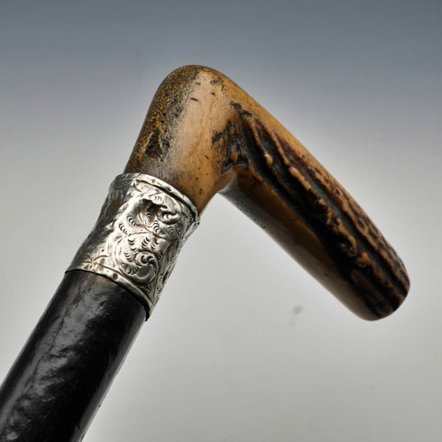 1900年左右 英國古董 黑柄純銀裝飾 鹿角手柄手杖 拐杖 81cm