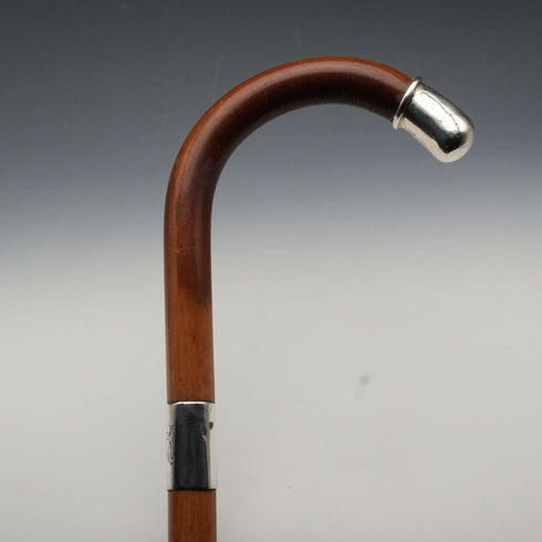 1914 British Antique Thunk Shaft Sterling Silver-Mounted Large-Curved Handle Walking Stick Cane 93 cm