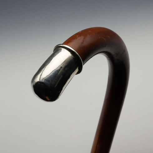 1914 British Antique Thunk Shaft Sterling Silver-Mounted Large-Curved Handle Walking Stick Cane 93 cm