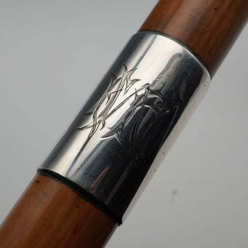 1914 British Antique Thunk Shaft Sterling Silver-Mounted Large-Curved Handle Walking Stick Cane 93 cm