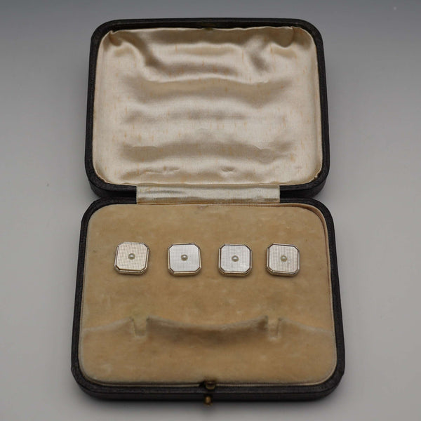Antique K9 White Gold & Mother-of-Pearl Stud Earrings, Set of 4 with Case