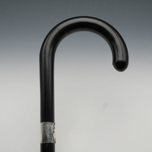 1935년 영국 빈티지 블랙 샤프트 순은 장식 대곡선 핸들 지팡이 88cm