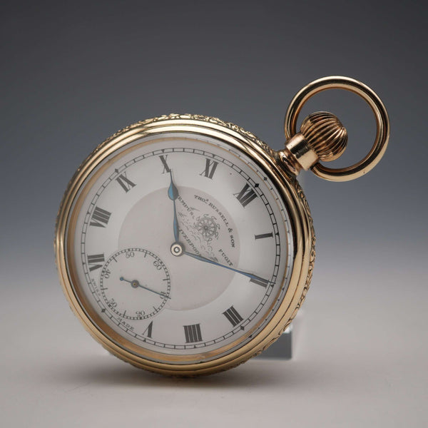 1910s British Antique Russell Open-Face Pocket Watch, Gold-Filled Case, Running Well