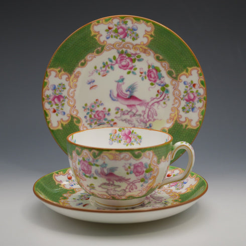 British Antique Minton Green Cockatrice Teacup Trio