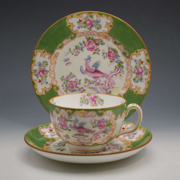 British Antique Minton Green Cockatrice Teacup Trio