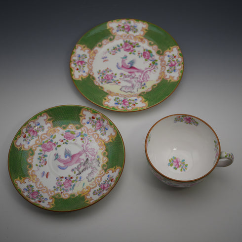 British Antique Minton Green Cockatrice Teacup Trio