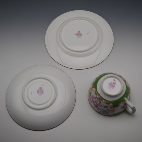 British Antique Minton Green Cockatrice Teacup Trio