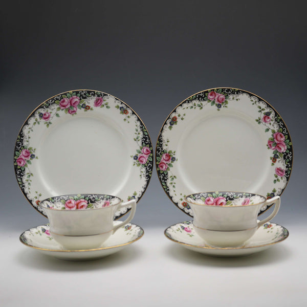 British Antique Aynsley “Black Band & Rose” Teacup Trio, Set of 2