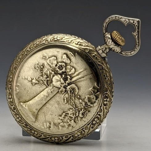 Antique good working Cima gold-plated flower engraving case pocket watch