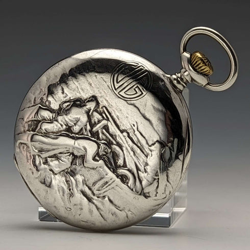 Antique Swiss-made pocket watch with engraved silver side, open face, paper dial, working condition