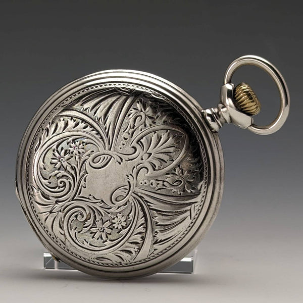 1913 年左右古董真力時懷錶新藝術風格雕刻獵人錶殼銀色側面效果很好