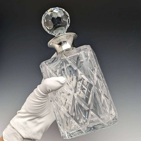1979 年英國復古切割玻璃方形醒酒器,純銀裝飾 JA Campbell