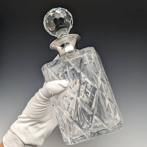 1979 年英國復古切割玻璃方形醒酒器,純銀裝飾 JA Campbell