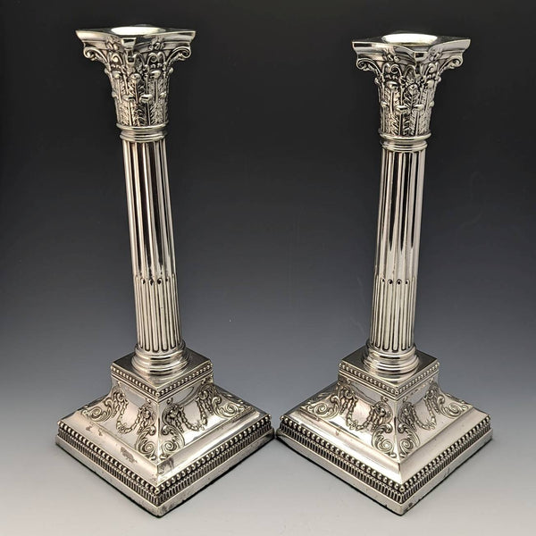 British antique silver plate large candlestick pair candle stand